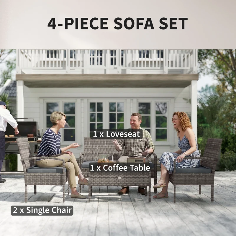 Outsunny 4 Pieces Patio Furniture Set with A Loveseat, Two Armchairs and A Coffee Table, Outdoor Conversation Set, Dark Grey