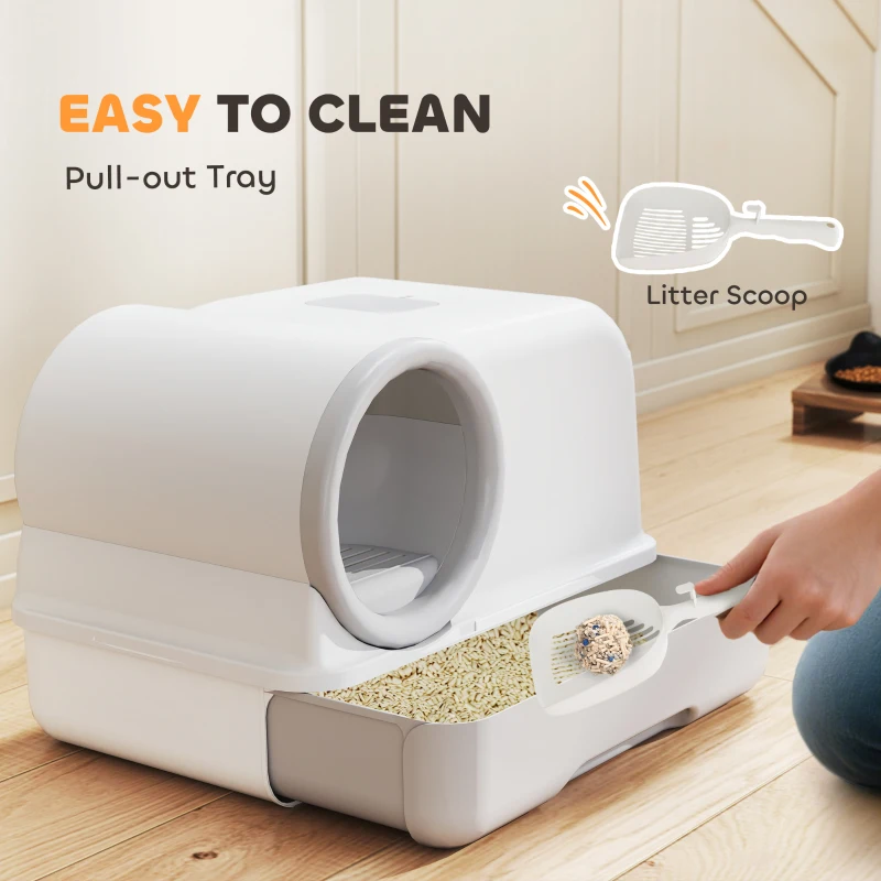 PawHut Cat Litter Box Easy Clean Drawer Odor Control Hooded Cat Litter Tray with Scoop White and Grey