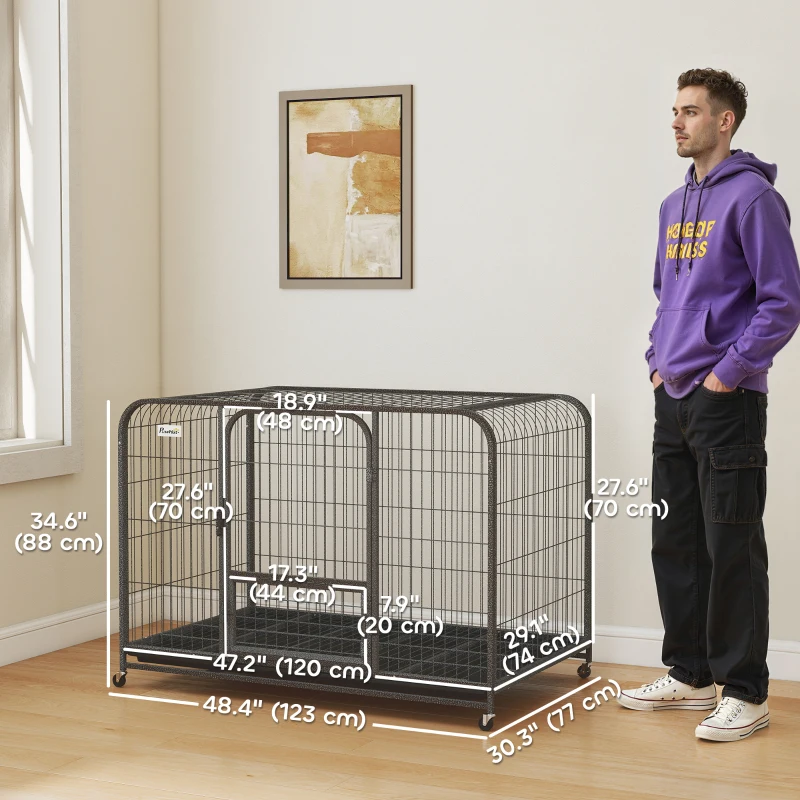 PawHut 48 Inch Heavy Duty Dog Crate, Large Metal Dog Cage with Lockable Wheels and Removable Tray