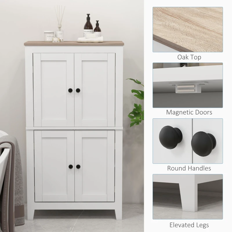 HOMCOM Bathroom Storage Cabinet, Modern Bathroom Floor Cabinet with 4 Doors and 2 Adjustable Shelves, White