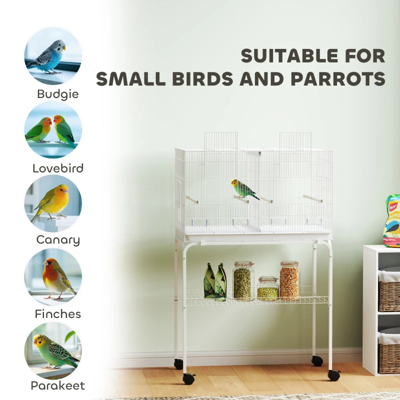 PawHut 46" H Bird Cage, Large Parakeet Cage for Budgie, Lovebird, Canary, Finches with Divider, White