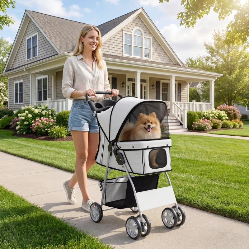 PawHut Pet Stroller for Dogs & Cats, Foldable Dog Stroller with Wheels, Reflective Strips, Brake, Pad and Basket, Grey
