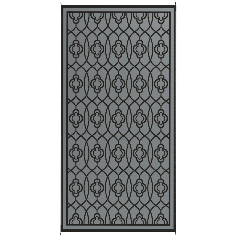 Outsunny 9' x 18' Outdoor RV Rug, Reversible Patio Floor Mat with Carry Bag, Lantern, Black and Grey