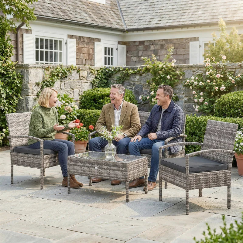 Outsunny 4 Pieces Patio Furniture Set with A Loveseat, Two Armchairs and A Coffee Table, Outdoor Conversation Set, Dark Grey