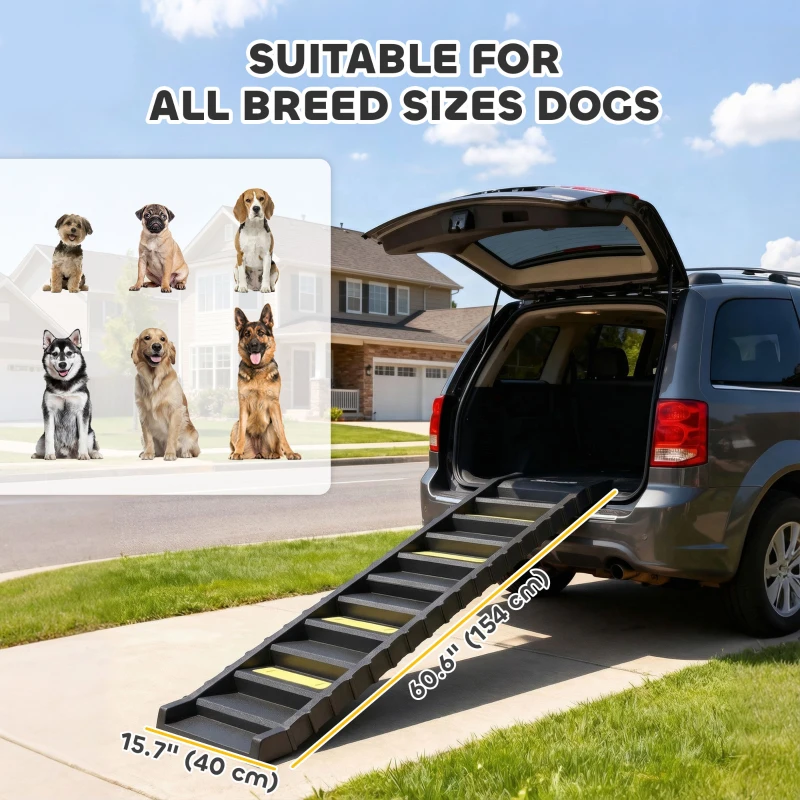 PawHut Foldable Dog Car Ramp, Dog Ramp with Anti-Slip Steps, Pet Stairs for Senior Pets to Access Cars and High Beds, Black