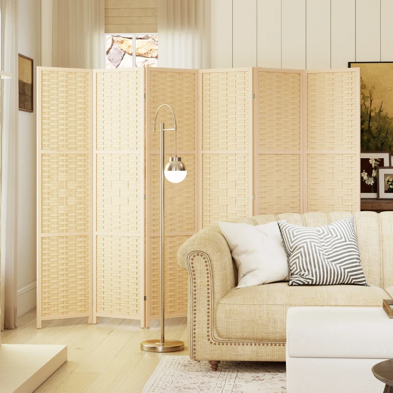 HOMCOM 6-Panel Room Divider, 5.6 FT Freestanding Folding Privacy Screen, Partition Wall Divider, Natural Wood