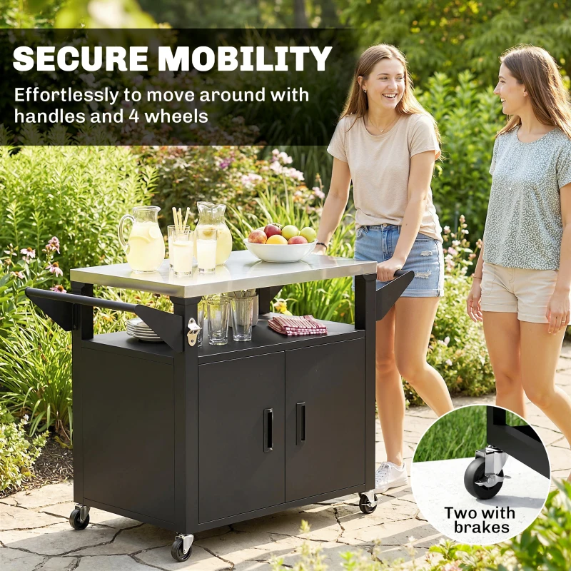 Outsunny Outdoor Grill Cart with Stainless Steel Tabletop, 3-Shelf Pizza Oven Stand with Storage Cabinet, Wheels, Black
