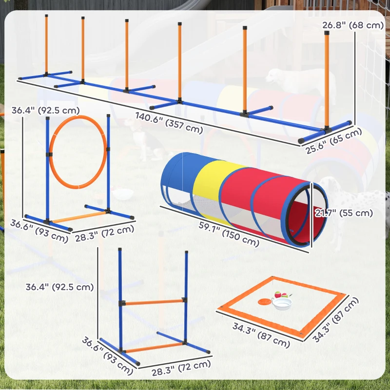 PawHut Dog Agility Training Equipment, 11-Piece Dog Obstacle Course with Adjustable Hurdle & Ring, 3 Tunnels, Weave Poles