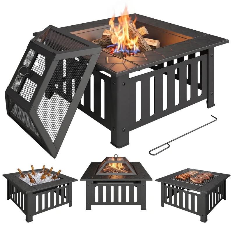 Outsunny 26" Outdoor Fire Pit with Fire Poker, Steel Square Wood Burning Firepit with Mesh Lid, Firepits, Black