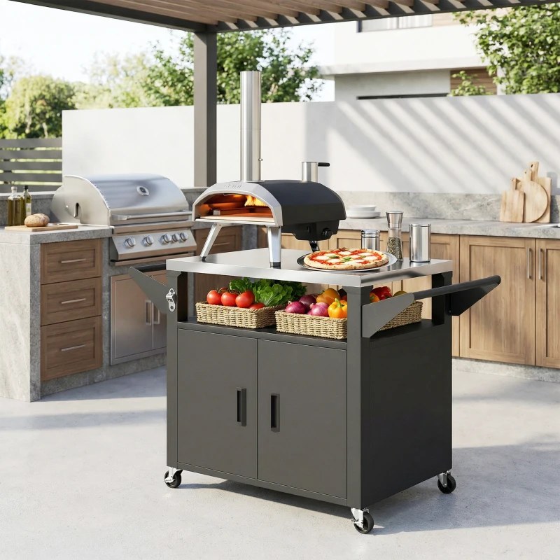 Outsunny Outdoor Grill Cart with Stainless Steel Tabletop, 3-Shelf Pizza Oven Stand with Storage Cabinet, Wheels, Black