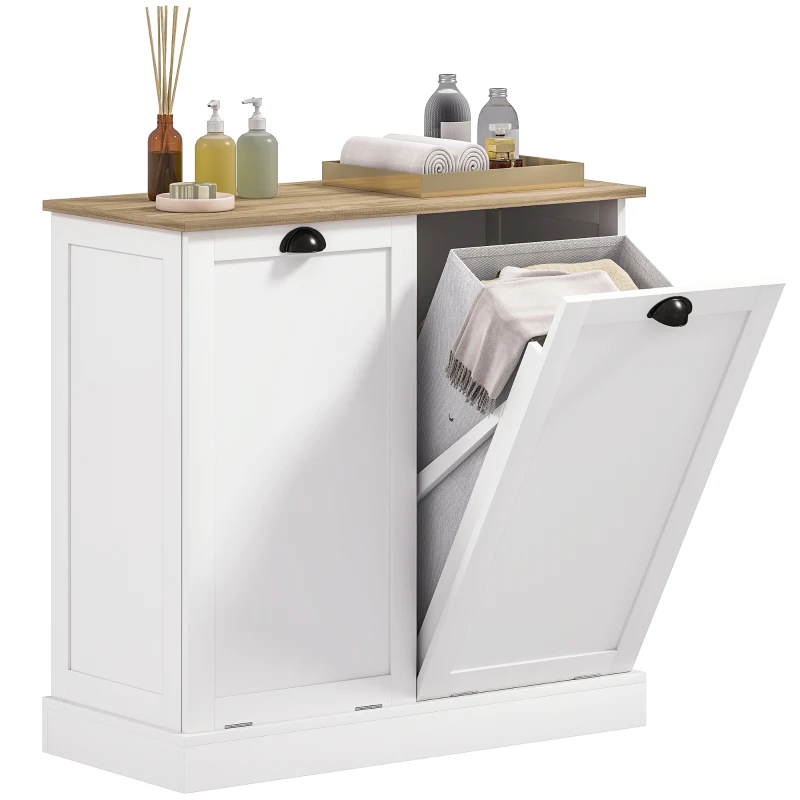 HOMCOM Dual Tilt out Laundry Hamper Cabinet with 2 Removable Basket, Modern Bathroom Storage Cabinet with Shaker Doors and Handles, White