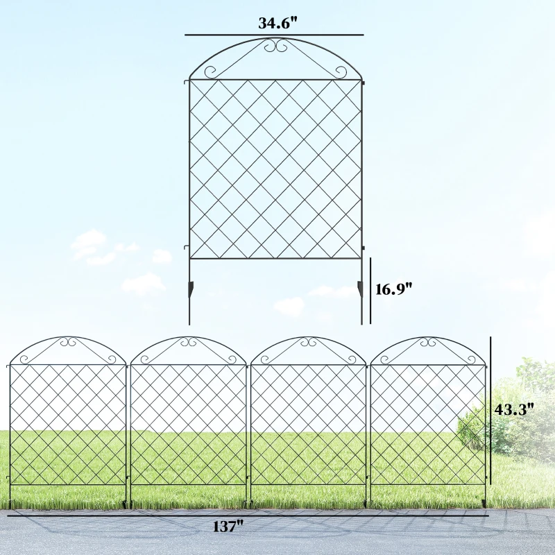 Outsunny Garden Fence, 4 Pack Steel Fence Panels, 11.5' L x 43" H, Rust-Resistant Decorative Border Flower Edging for Yard, Landscape, Patio, Outdoor Decor, Curved Vines