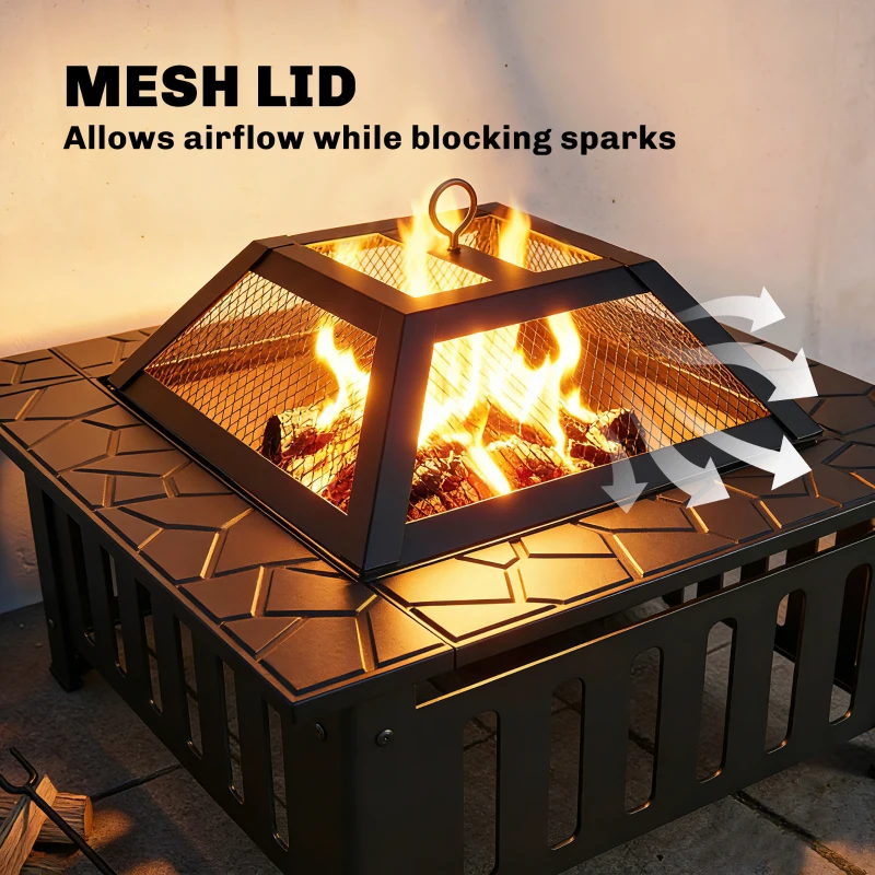 Outsunny 26" Outdoor Fire Pit with Fire Poker, Steel Square Wood Burning Firepit with Mesh Lid, Firepits, Black