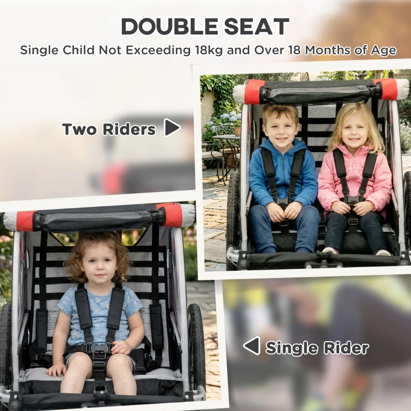 Aosom 3-in-1 Bike Trailer for Kids, Running Stroller with 2 Seats, Jogging Cart with 5-Point Harness, Storage Units, Red