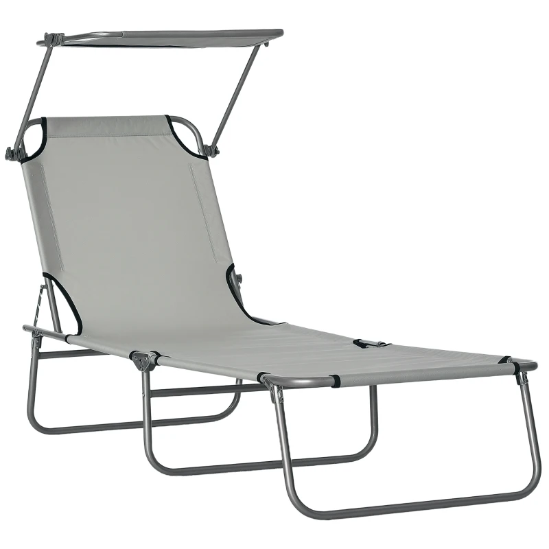 Outsunny Outdoor Lounge Chair, Adjustable Folding Chaise Lounge, Tanning Chair with Sun Shade for Beach, Camping, Hiking, Backyard, Light Grey