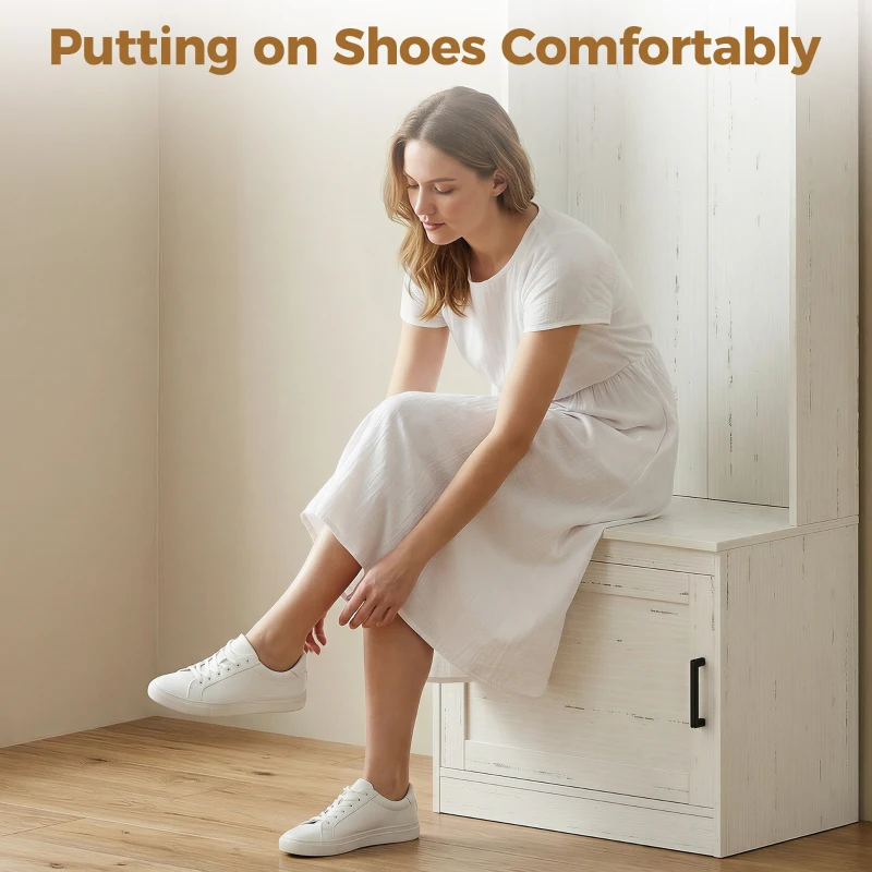 HOMCOM Narrow Hall Tree with Shoe Storage Bench, Rustic Entryway Bench with Coat Rack, Accent Coat Tree with Storage Shelves for Hallway, Mudroom, White Wood Grain