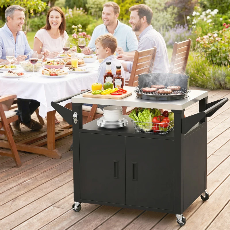 Outsunny Outdoor Grill Cart with Stainless Steel Tabletop, 3-Shelf Pizza Oven Stand with Storage Cabinet, Wheels, Black