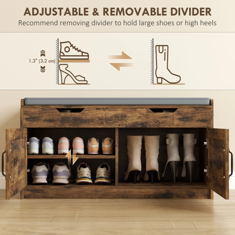 HOMCOM Shoe Storage Bench, Entryway Bench with 2-Tier Cabinet, Flip-Top Storage, Padded Cushion for Hallway, Rustic Brown