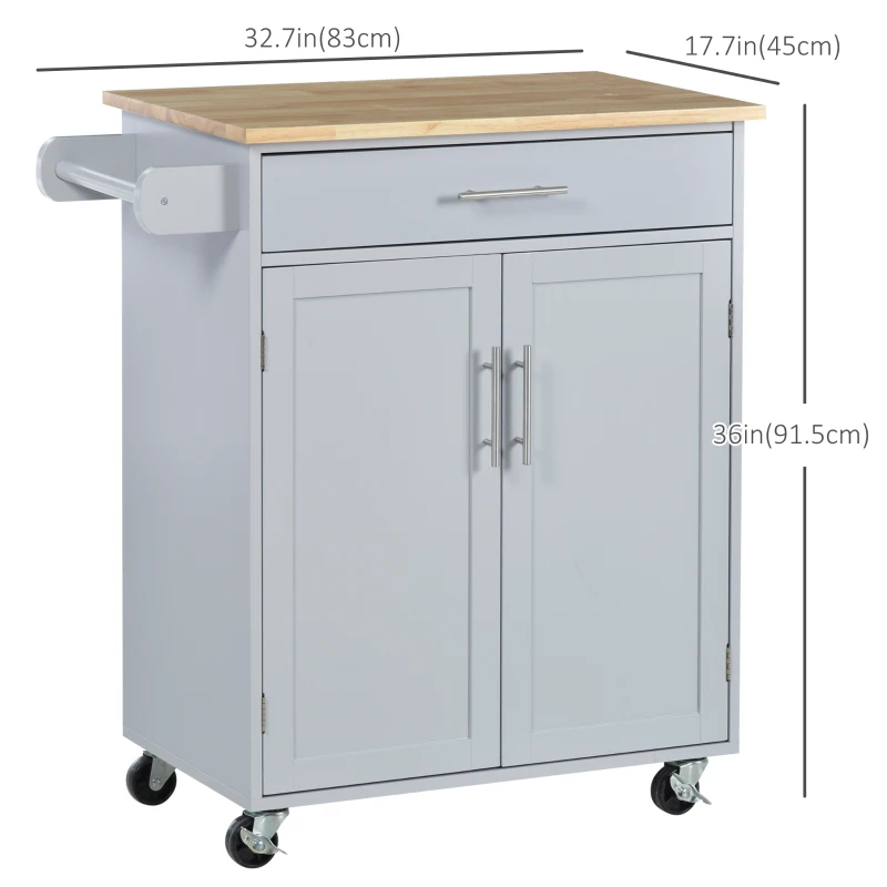 HOMCOM Rolling Kitchen Island Cart with Wood Top, Enough Storage Drawer Space with Towel Bar Rack Shelves, Portable Kitchen Utility Serving Cart Trolley on Wheels (Grey)