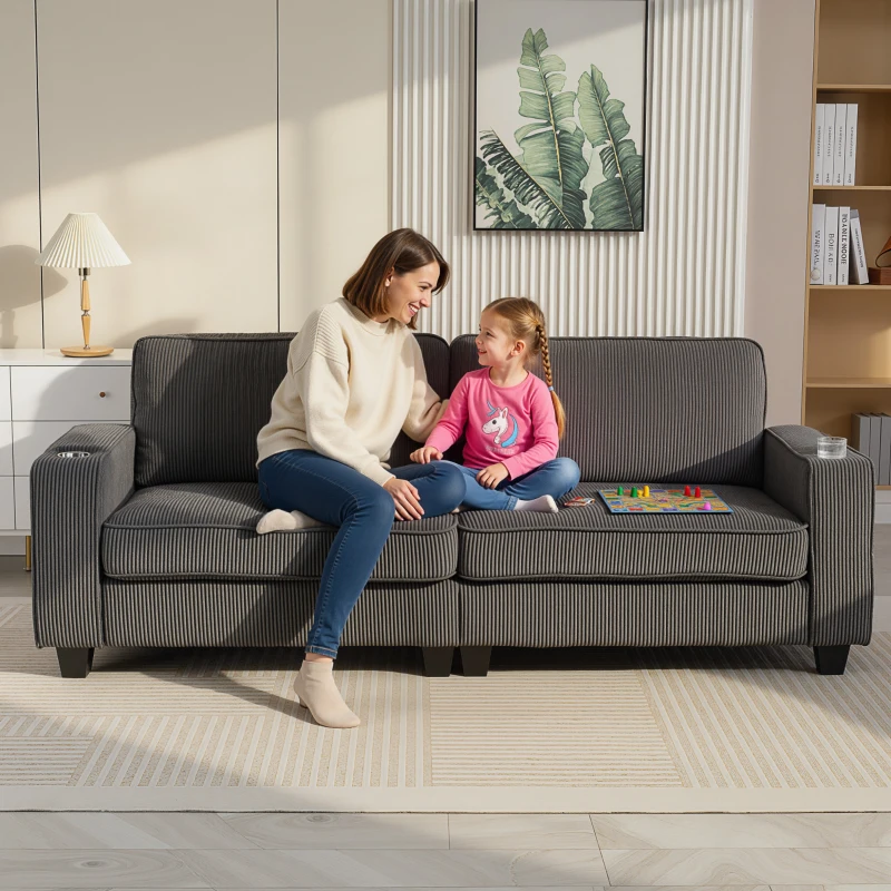 HOMCOM Three Seater Sofa, Fabric 3 Seater Couch with Spring Cushion and Cup Holders for Living Room, Bedroom, Dark Grey