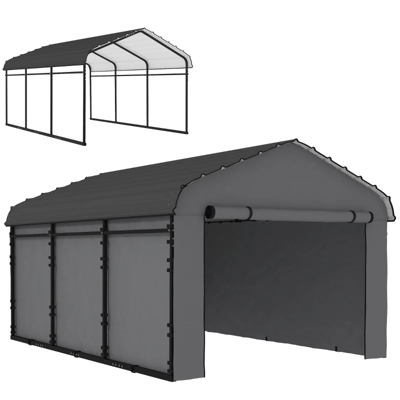 Outsunny 10' x 15' Metal Carport, Heavy Duty Garage Car Canopy with Galvanized Metal Roof and Removable Sidewalls, Dark Gray