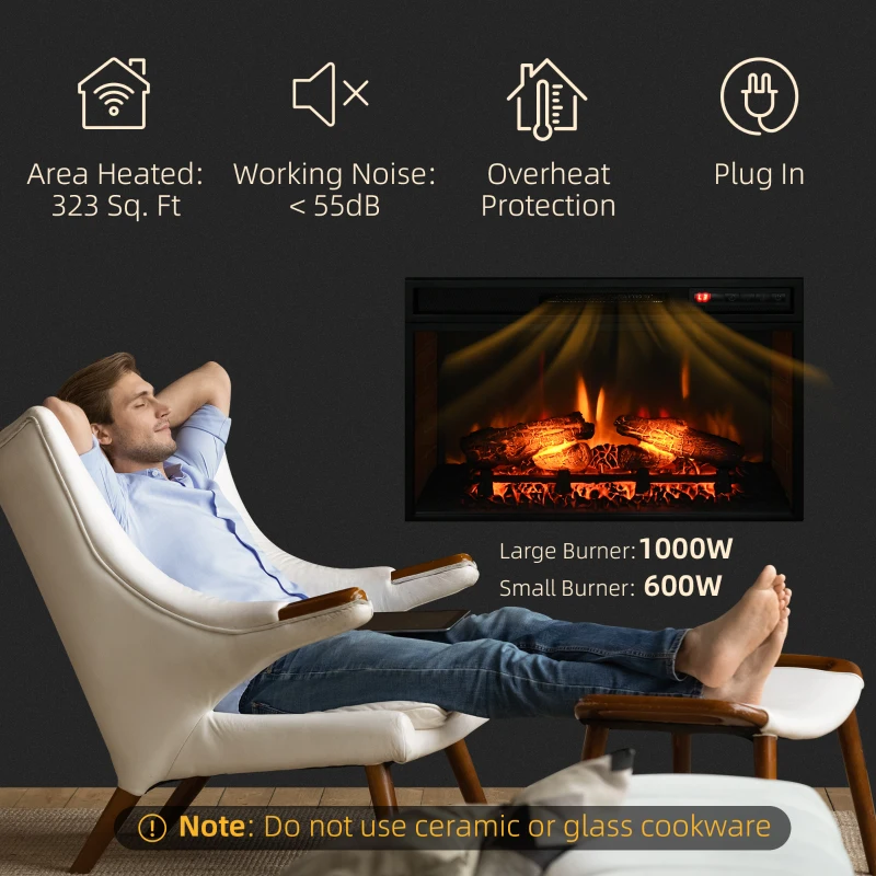 HOMCOM 27" Electric Fireplace Insert, Retro Recessed Fireplace Heater with Realistic Log Flame, Remote Control, Adjustable Brightness, 1400W, Black