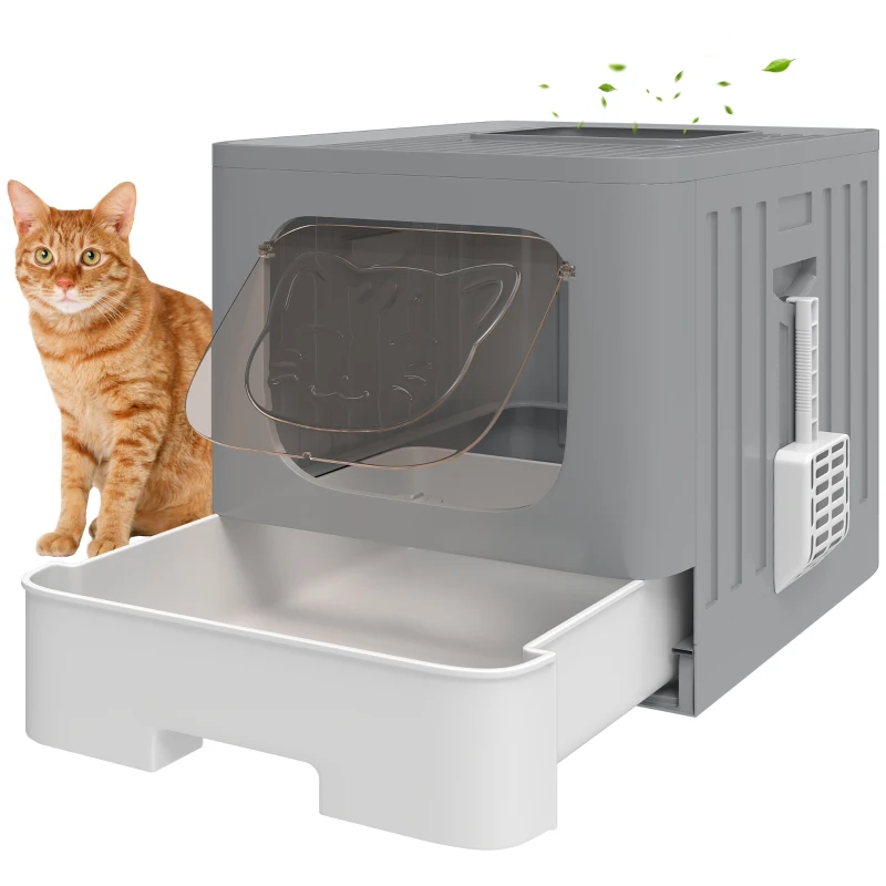 PawHut Cat Litter Box with Lid, Slide-Out Drawer, Scoop, Easy Clean, Odour Control, Anti-Splashing, Grey