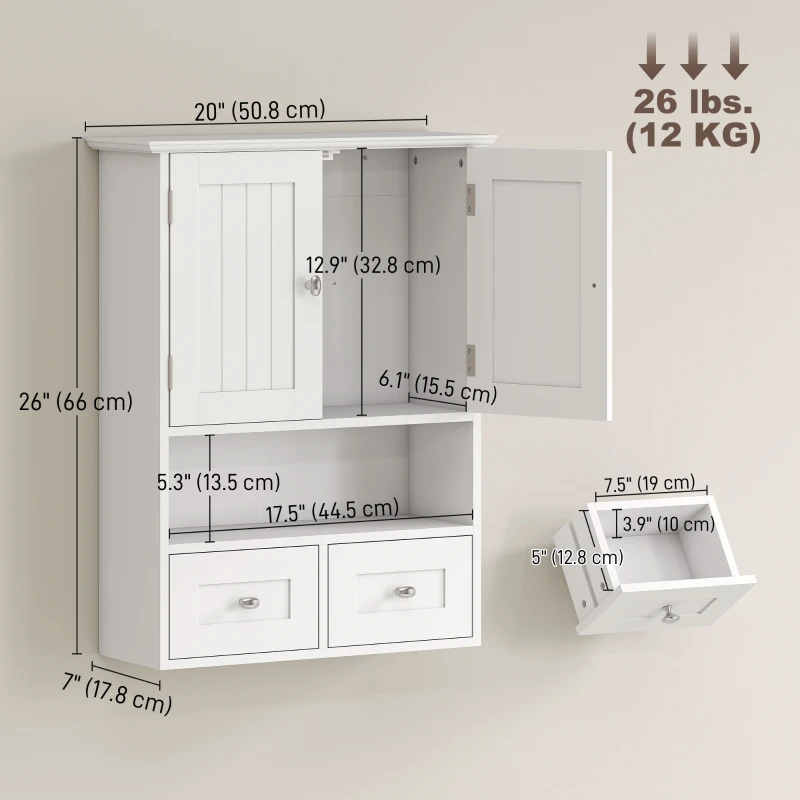 kleankin Bathroom Wall Cabinet, Medicine Cabinet, Over Toilet Storage Cabinet with Shelf and Drawers for Hallway, Living Room, White