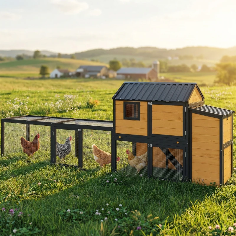 PawHut Large Chicken Coop, 134"L Wooden Chicken House with Run, Nesting Box, Slide-Out Tray, Waterproof Roof and Ramp