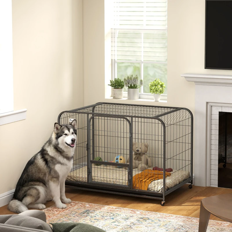 PawHut 48 Inch Heavy Duty Dog Crate, Large Metal Dog Cage with Lockable Wheels and Removable Tray