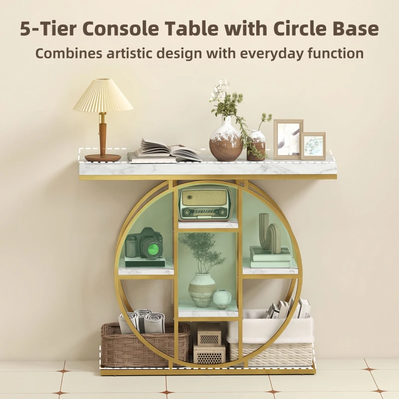 HOMCOM 39.4" Console Table with Storage Shelves, Industrial Sofa Table for Living Room, Hallway, White Marble Effect