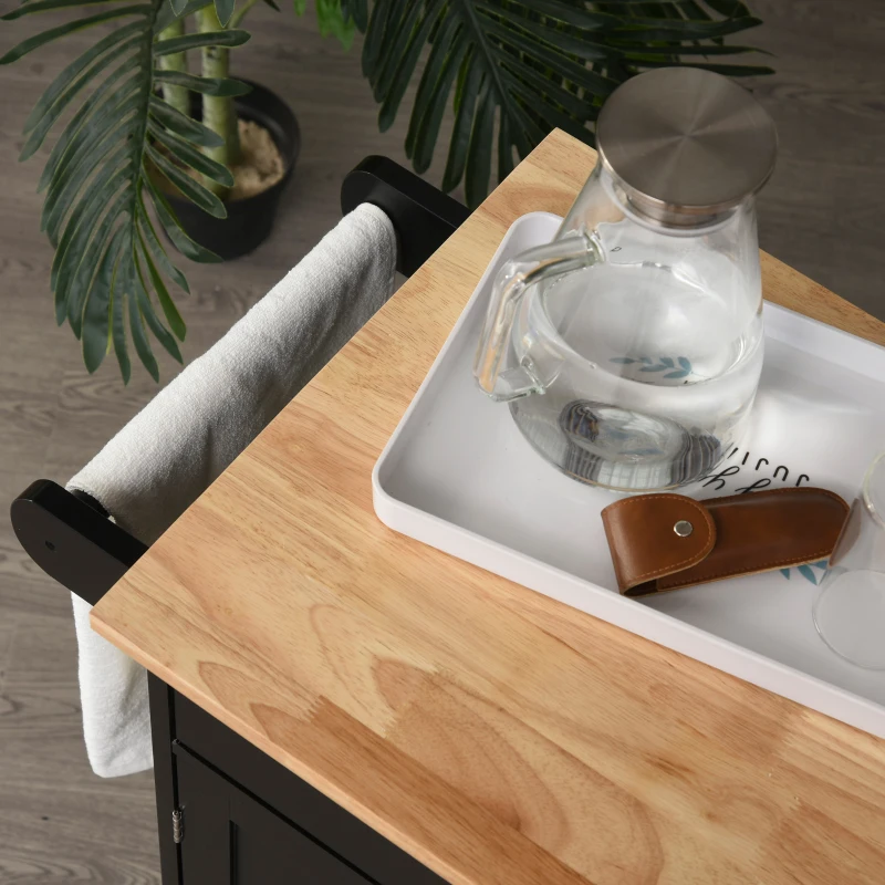 HOMCOM Rolling Kitchen Island Cart with Wood Top, Enough Storage Drawer Space with Towel Bar Rack Shelves, Portable Kitchen Utility Serving Cart Trolley on Wheels, Black