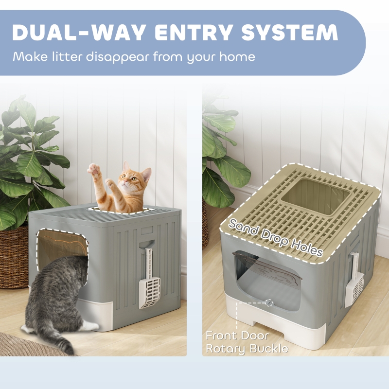 PawHut Cat Litter Box with Lid, Slide-Out Drawer, Scoop, Easy Clean, Odour Control, Anti-Splashing, Grey