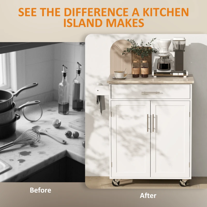 HOMCOM Kitchen Trolley Mobile Kitchen Island on Wheels Serving Cart Wooden Storage w/ Drawer and Towel Bar White