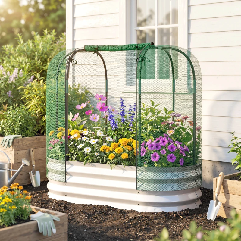 Outsunny Galvanized Raised Garden Bed with Crop Cage Protection Net Cover, Outdoor Planter Box for Vegetables, Flowers, Herbs