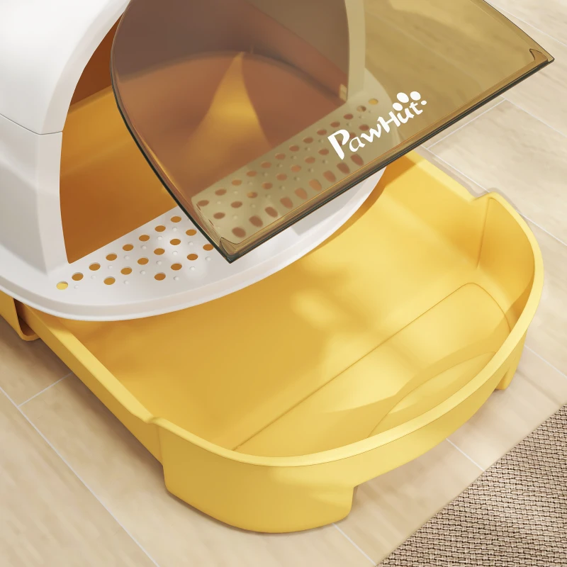 PawHut Cat Litter Box with Lid, Front Door Flap, Scoop, Handle, Easy Clean, for Small and Medium Cats, Yellow