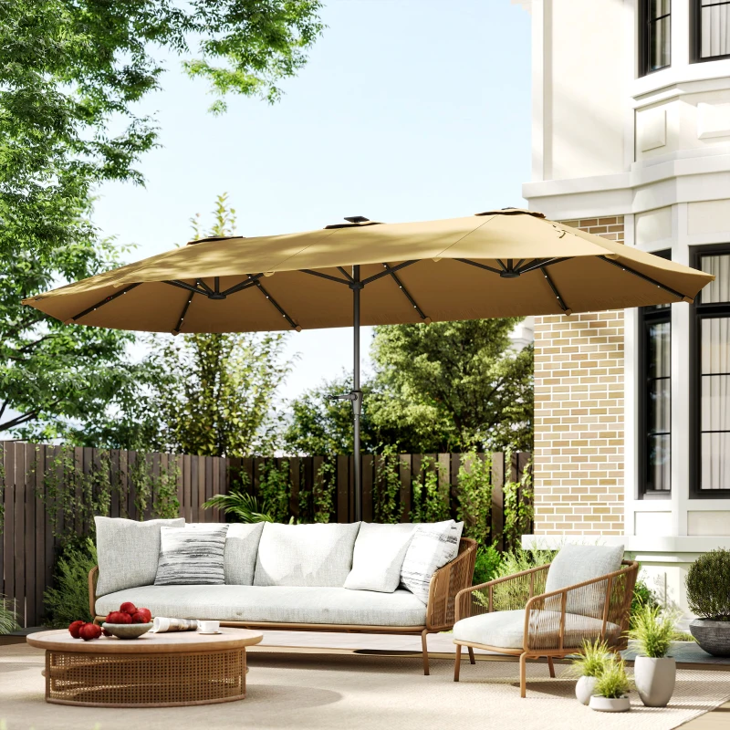 Outsunny 13ft Double-Sided Market Umbrella, Large Patio Umbrella with Solar Lights, Crank Handle for Garden, Pool, Yard, Khaki
