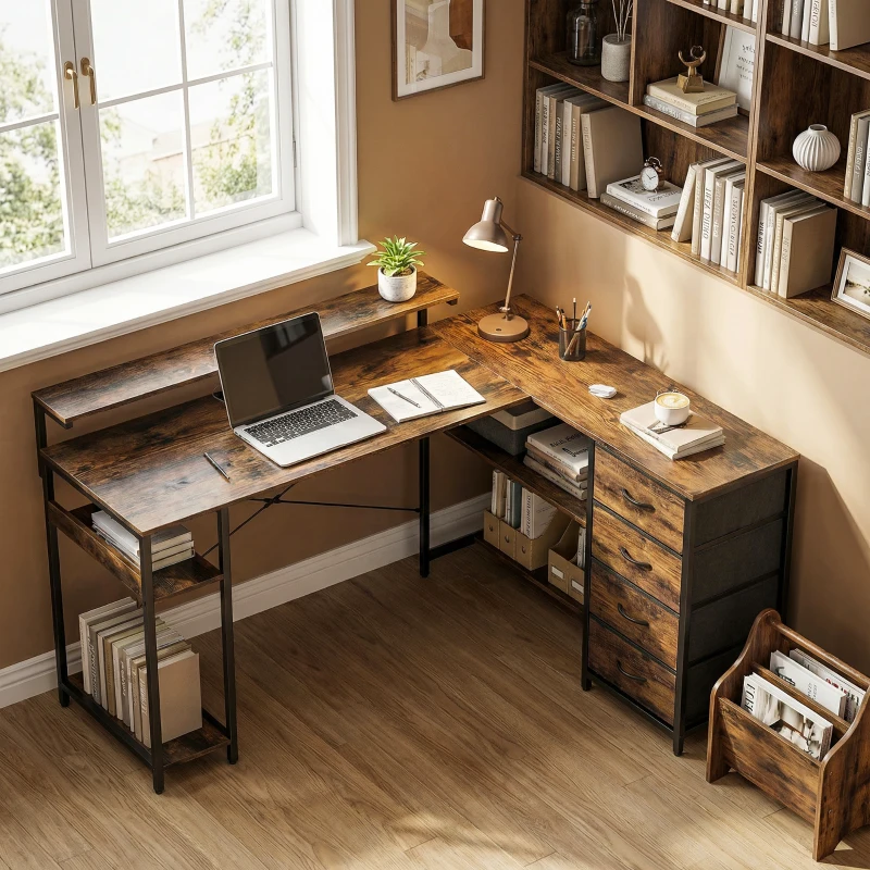 HOMCOM Gaming Desk with Power Outlets LED Lights Computer Desk with Drawers Monitor Stand 61" Rustic Brown