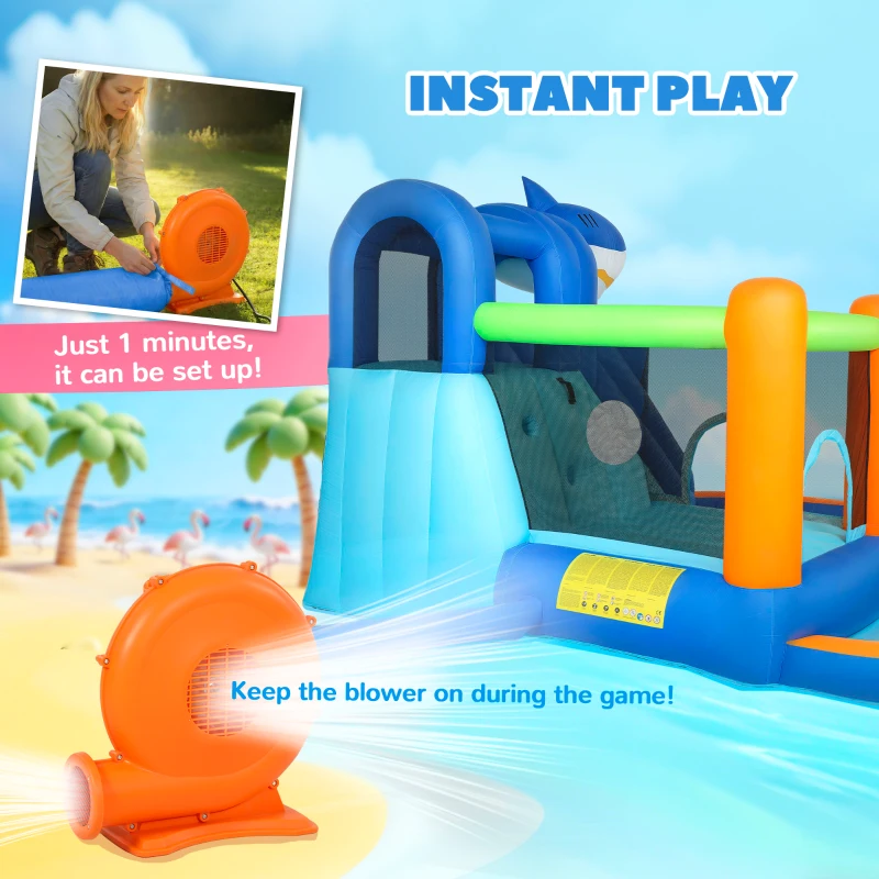 Qaba Inflatable Bounce House for Kids, Sharks Theme Jumping Bouncy Castle with Slide and Pool for Indoor Outdoor, Blue