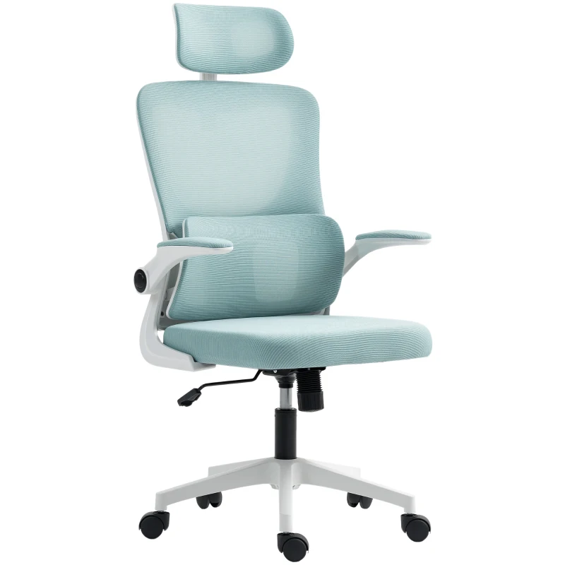 Vinsetto High Back Office Chair, Mesh Computer Chair with Rotatable Headrest, Lumbar Back Support, Adjustable Height, Light Blue