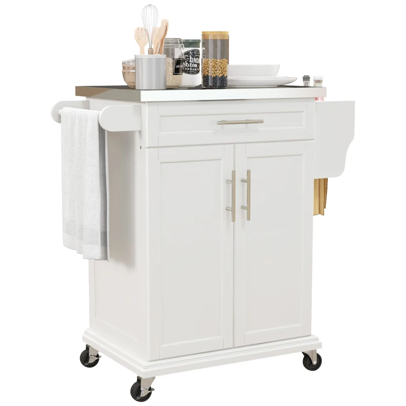 HOMCOM Kitchen Island with Wheels, Rolling Kitchen Island with Storage, Stainless Steel Countertop for Dining Room, Cream White
