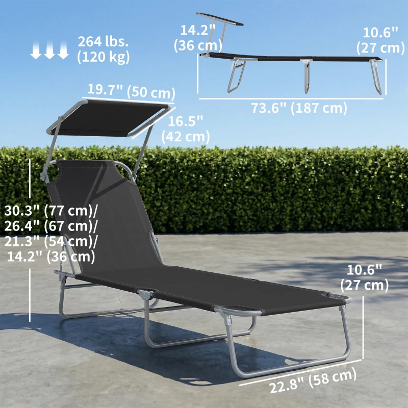 Outsunny Outdoor Lounge Chair, Adjustable Folding Chaise Lounge, Tanning Chair with Sun Shade for Beach, Camping, Hiking, Backyard, Black