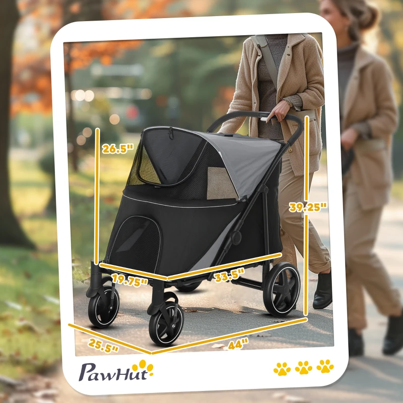 PawHut Dog Stroller for Large Medium Small Dogs up to 66 Lbs. 23.5" in Body Length, One-Click Foldable Pet Cat Stroller with Storage, Shock Absorption Wheels, Mesh Window, Safety Leash, Gray