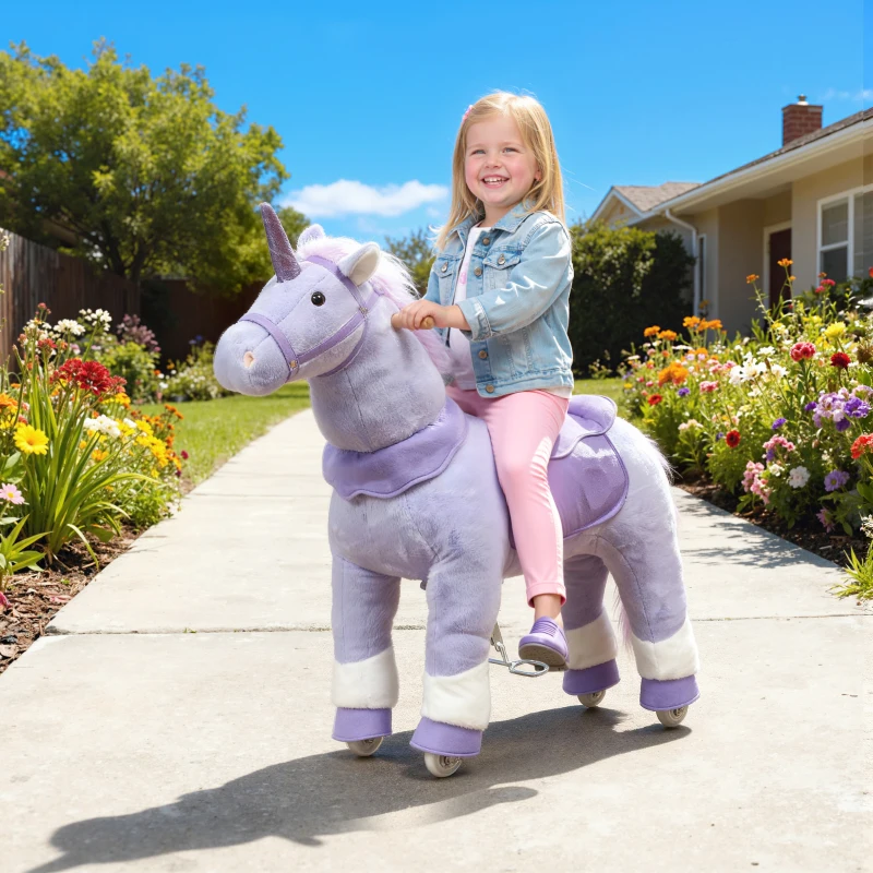 Qaba Ride on Unicorn Toy for Kids 4-7 Years, 37.8 Inch Plush Baby Rocking Horse with Wheels, No Battery Required, Purple