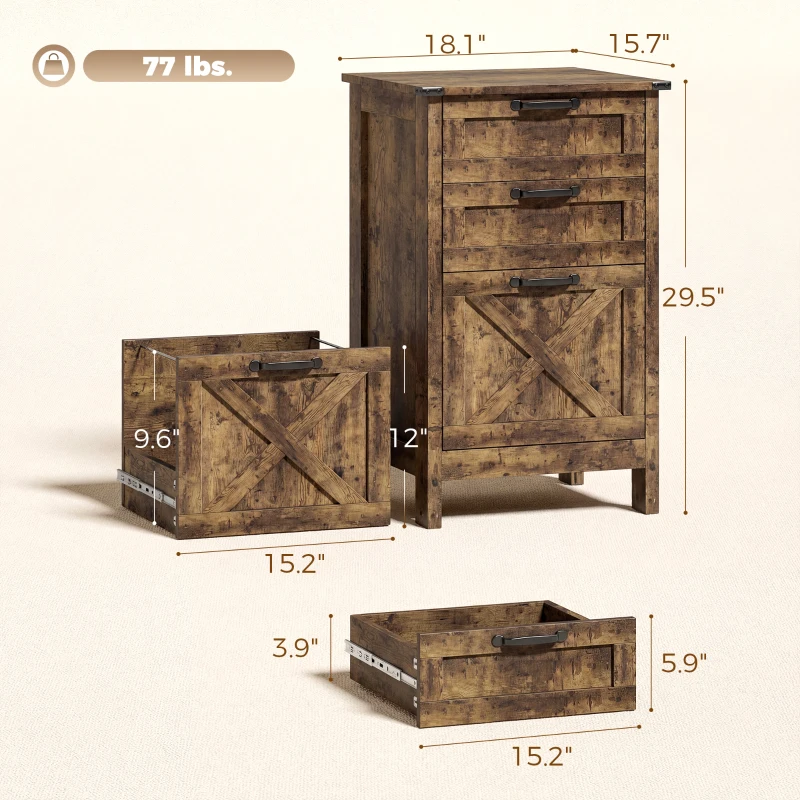 HOMCOM Vertical File Cabinet with 3 Drawers, Rustic Farmhouse Office Storage Cabinet for A4, Letter Size, Rustic Brown