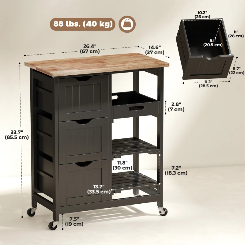 HOMCOM Kitchen Cart on Wheels, Rolling Kitchen Island Cart with Wood Top, 3 Drawers and Shelves for Home Dining Area, Black