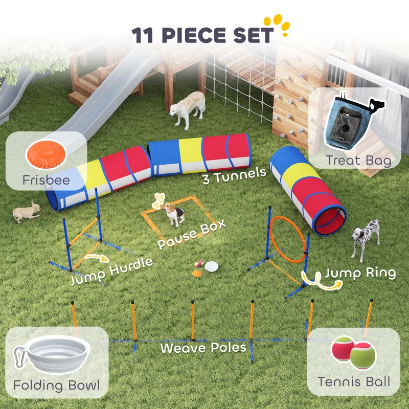 PawHut Dog Agility Training Equipment, 11-Piece Dog Obstacle Course with Adjustable Hurdle & Ring, 3 Tunnels, Weave Poles
