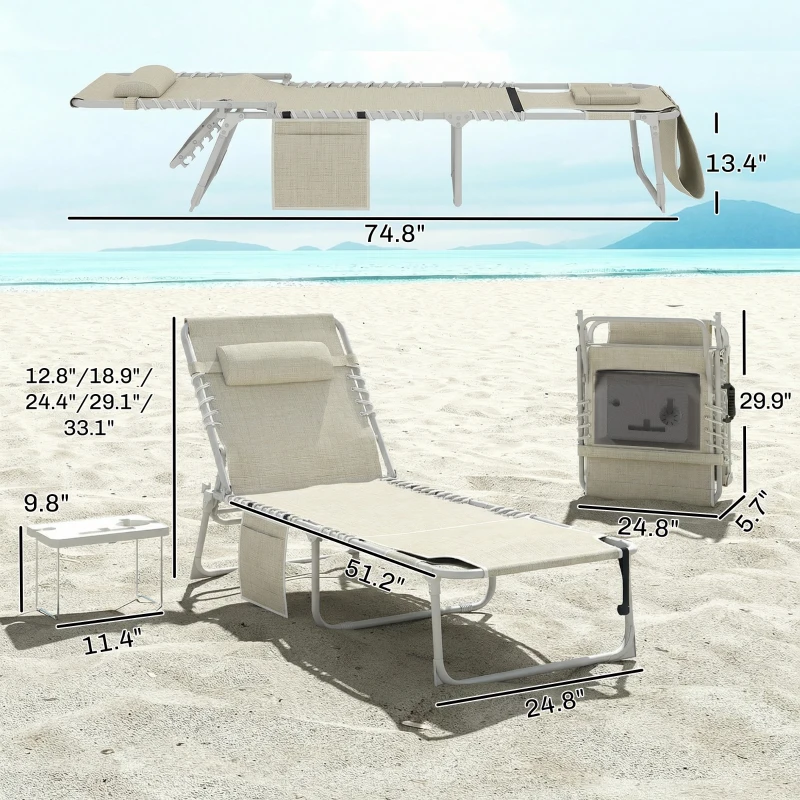 Outsunny Tanning Chair Set of 2 with Face Hole and Side Table, 5-Position Folding Outdoor Chaise Lounge Chair, Beige