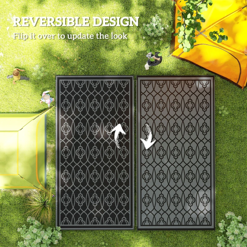 Outsunny 9' x 18' Outdoor RV Rug, Reversible Patio Floor Mat with Carry Bag, Lantern, Black and Grey