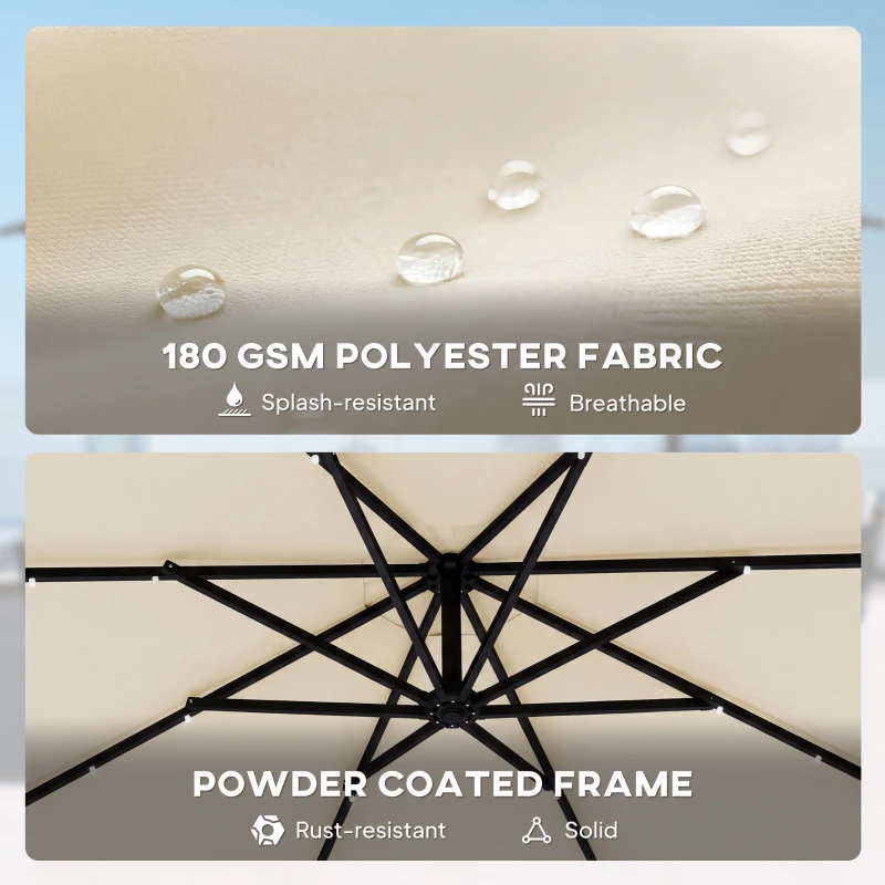 Outsunny 10 ft Cantilever Patio Umbrella with Light, Weight, Offset Hanging Outdoor Umbrella with Protective Cover, Cream White